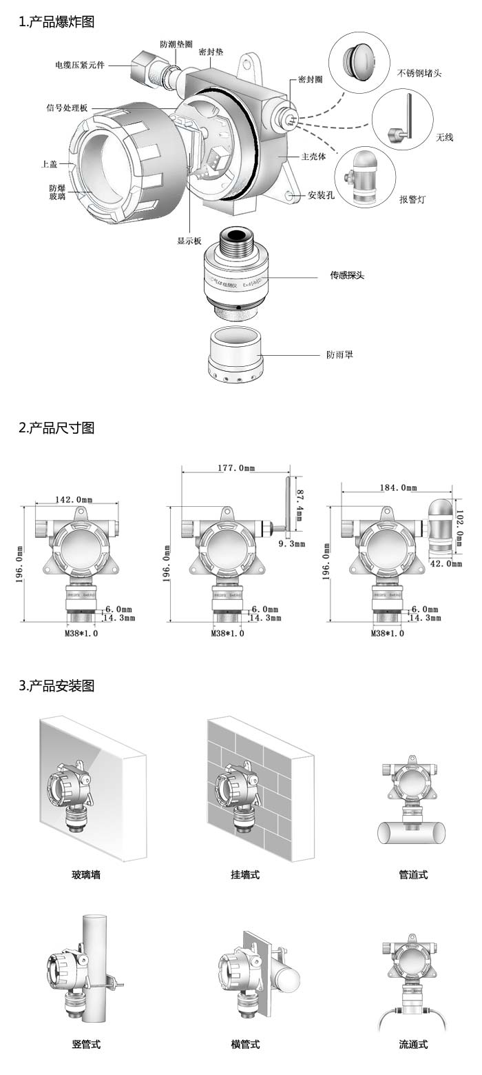 大眾固定安裝式1-碘戊烷濃度檢測(cè)儀分體型網(wǎng)絡(luò)版尺寸與安裝圖